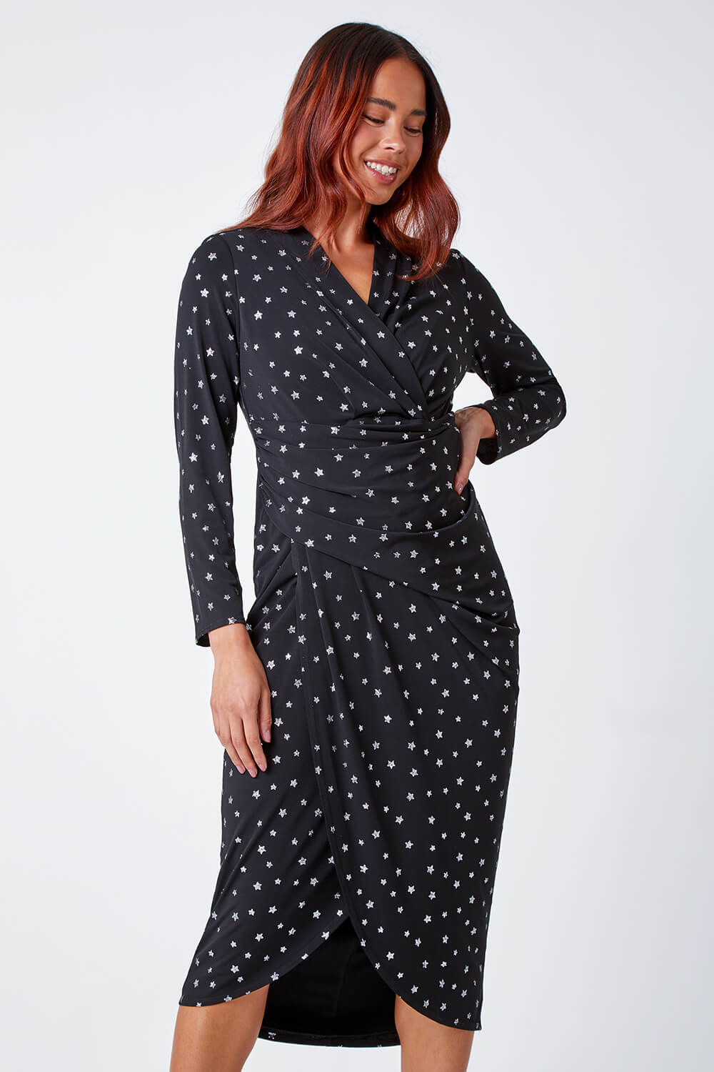 Black Petite Shimmer Star Stretch Midi Dress , Image 3 of 7
