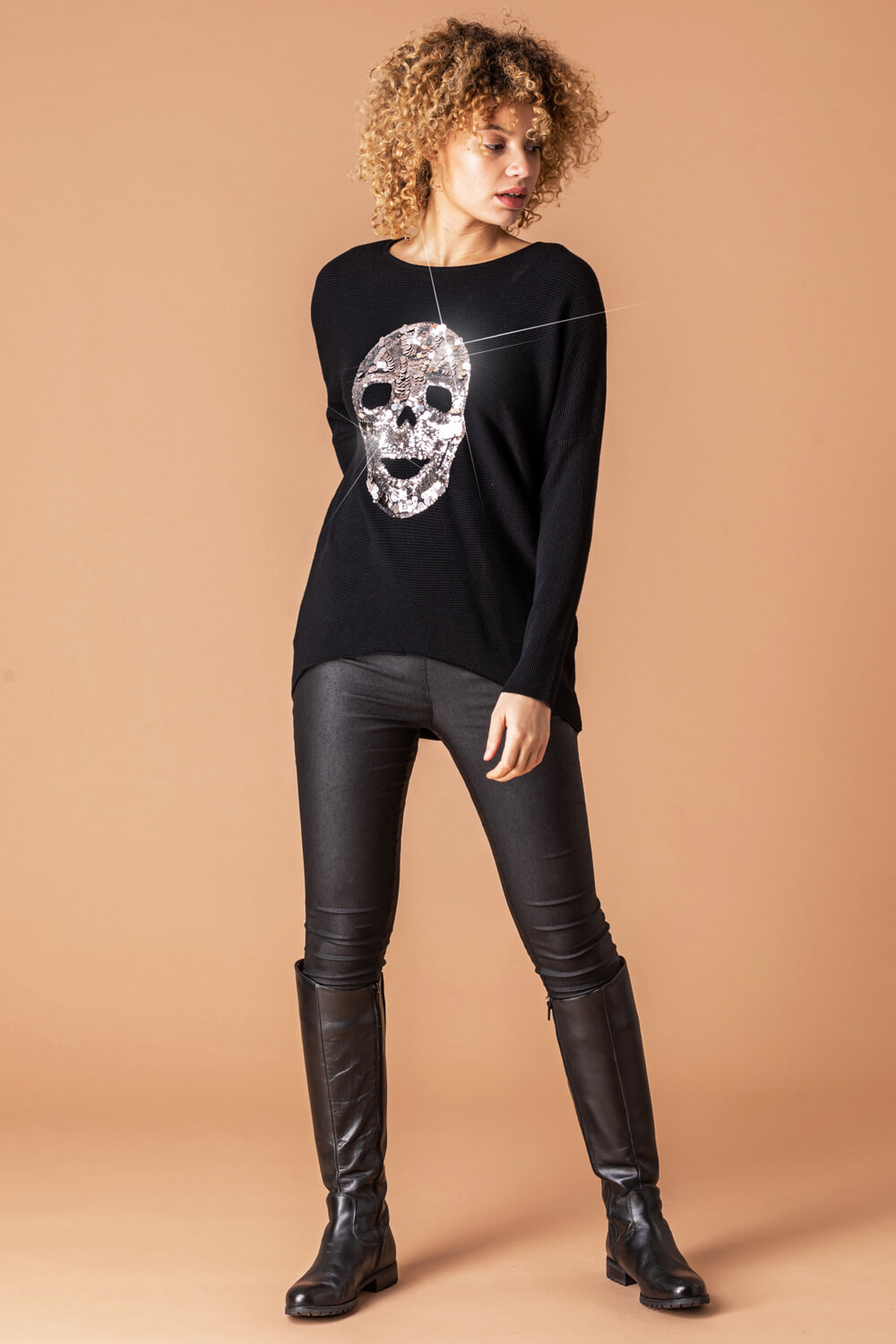 Black Skull Sequin Embellished Jumper, Image 2 of 4
