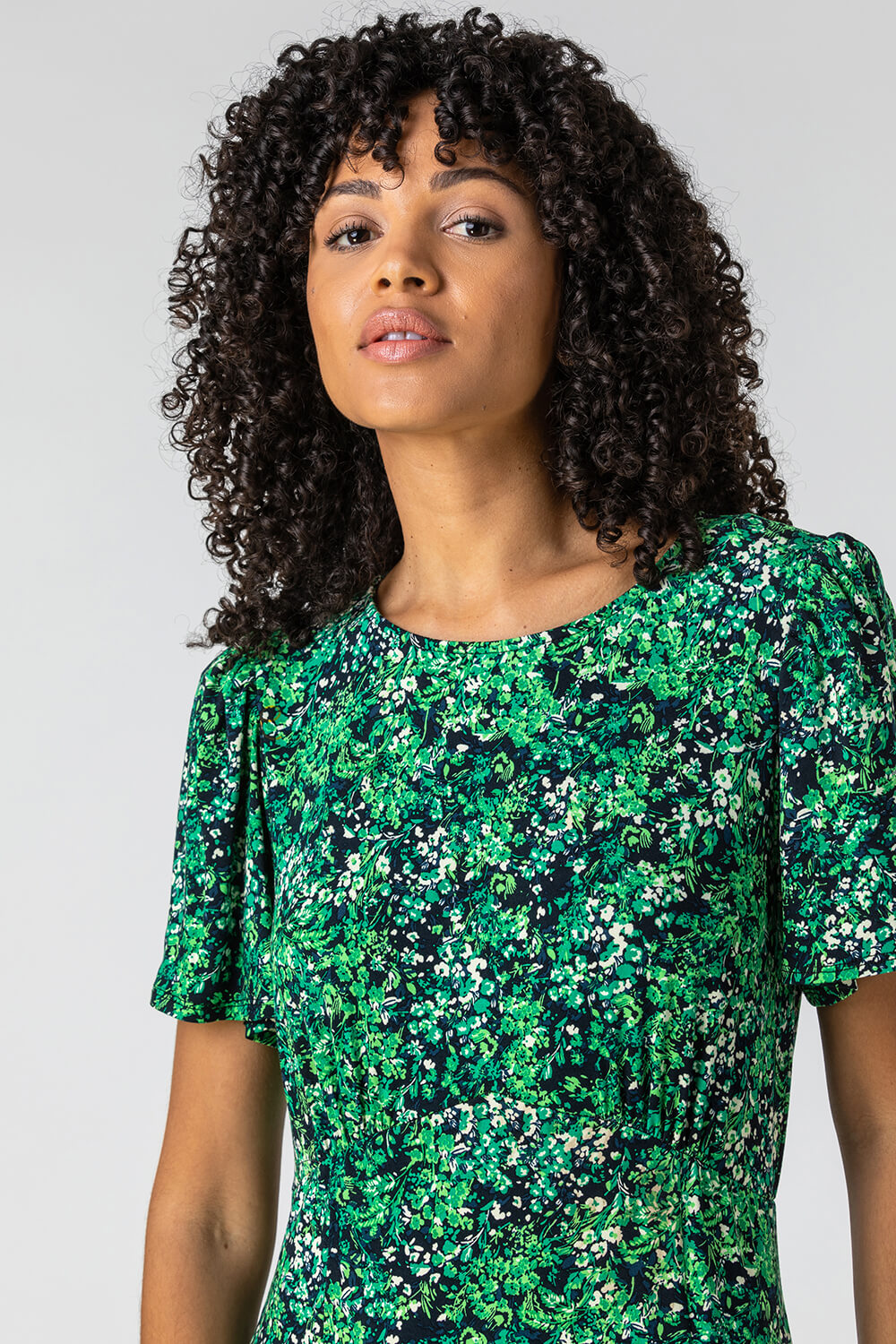 Green Floral Print Side Split Dress, Image 4 of 4