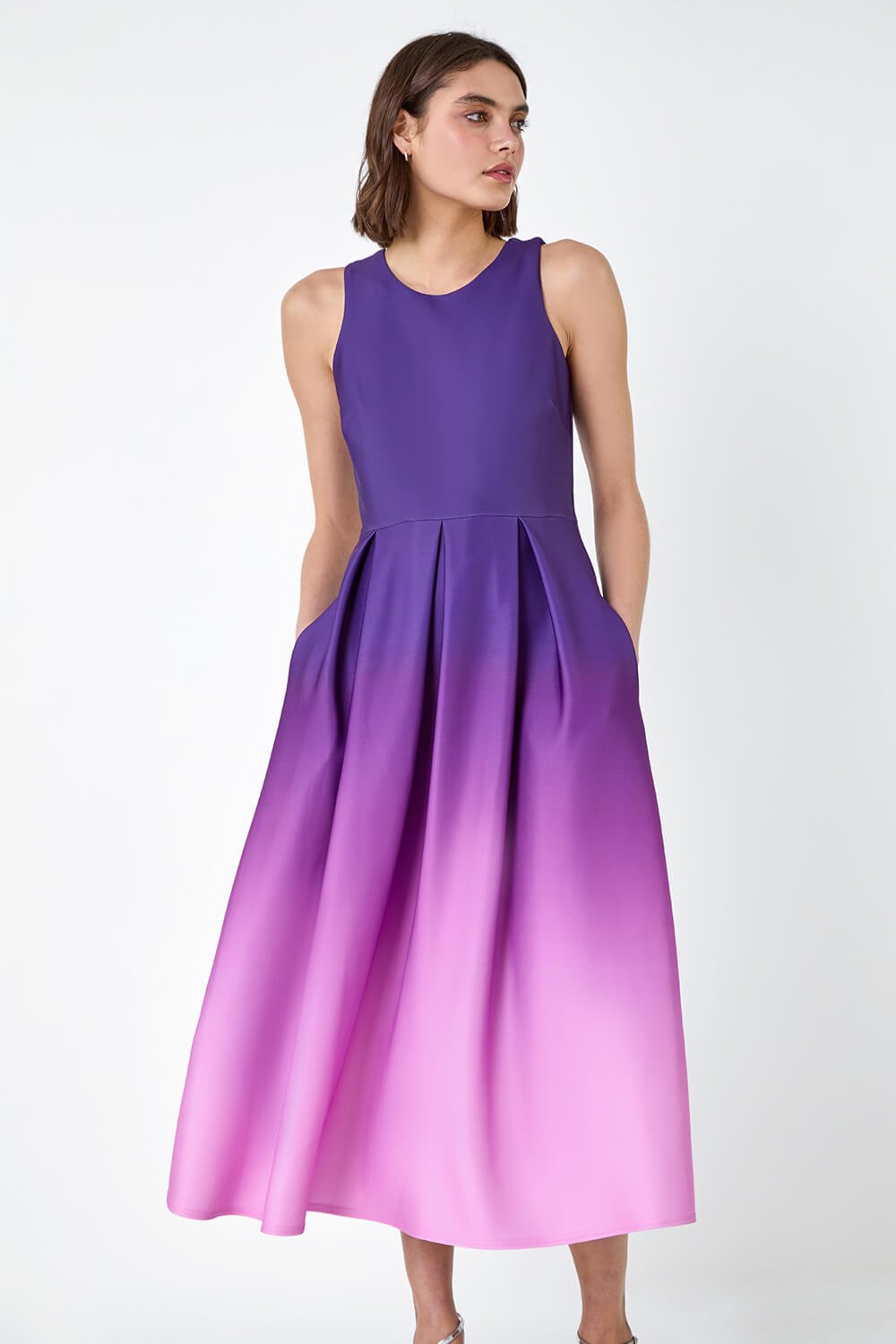 Purple Ombre Pleated Luxe Stretch Midi Dress, Image 3 of 5