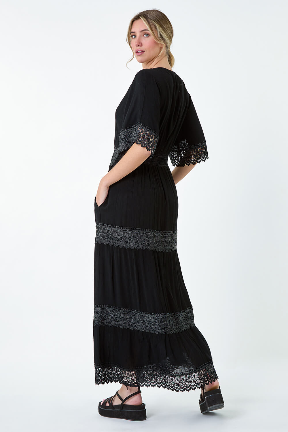 Black Tiered Lace Detail Maxi Dress, Image 2 of 4