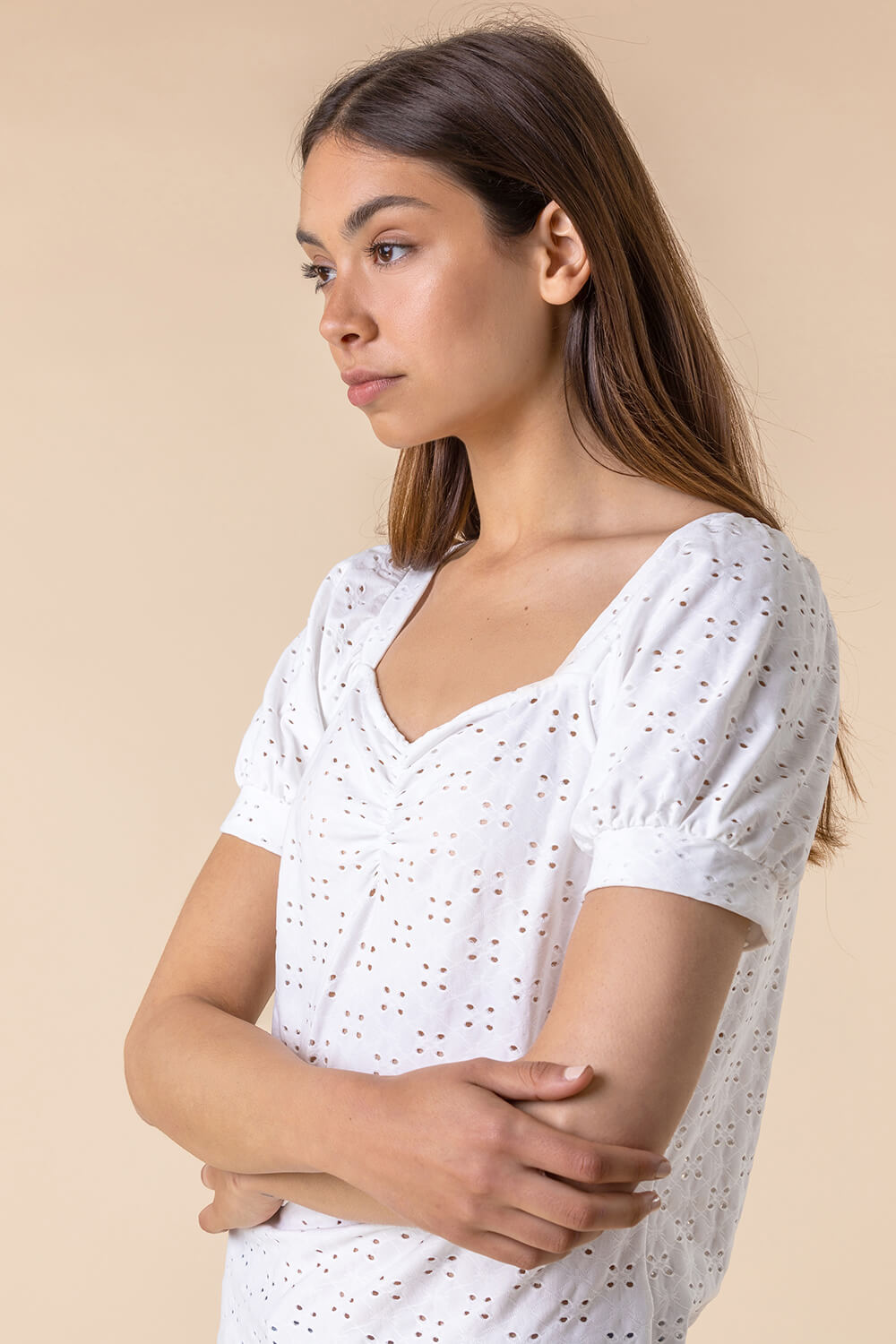 Ivory  Sweetheart Gathered Broderie Top, Image 2 of 5