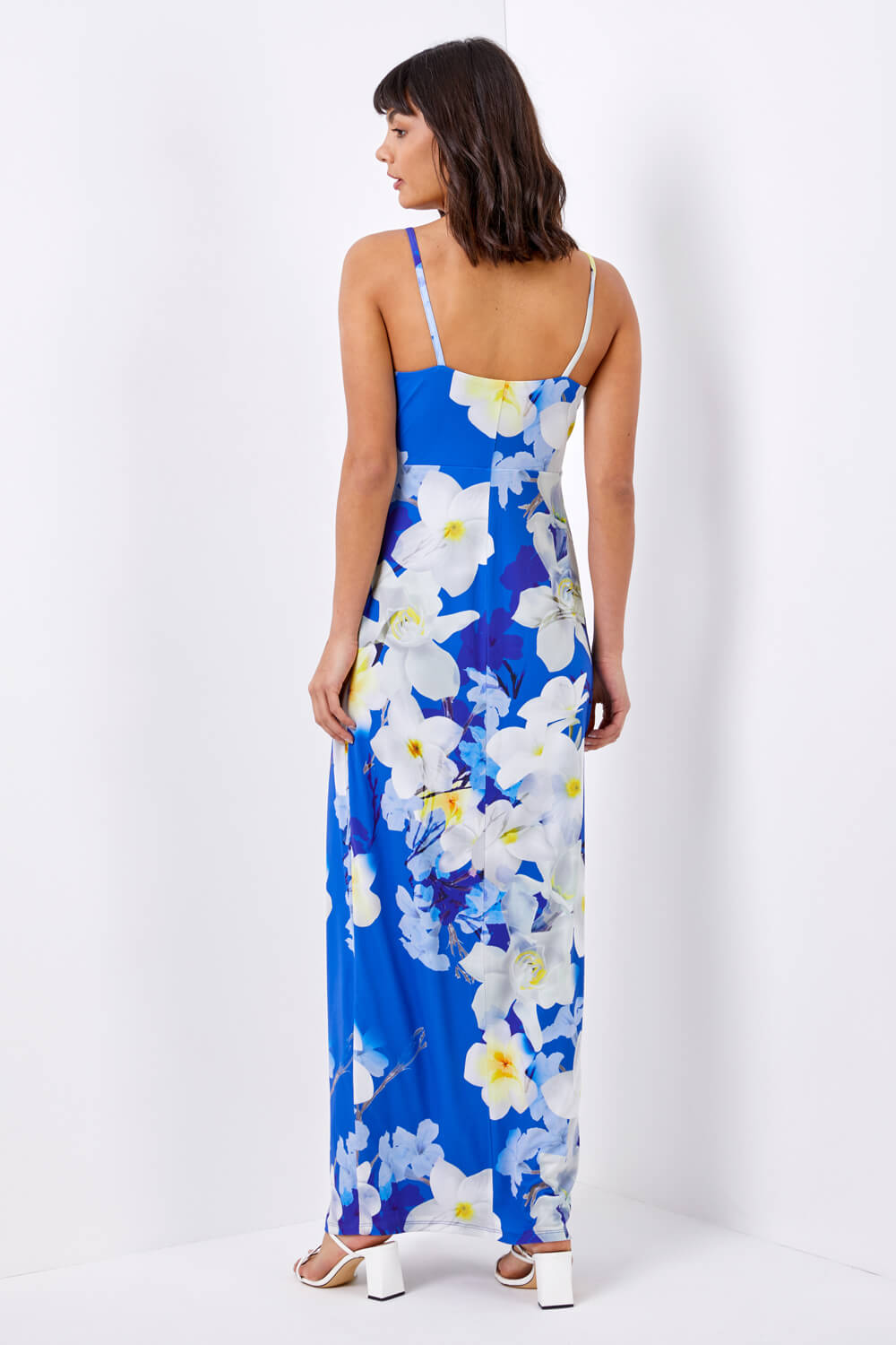Royal Blue Floral Print Twist Front Maxi Dress, Image 2 of 4
