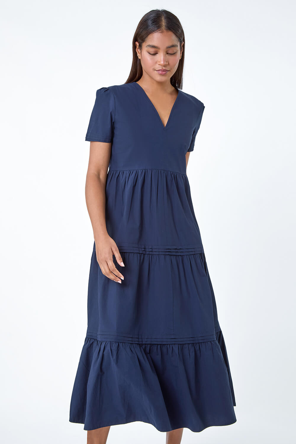 Navy  Plain Cotton Tiered Maxi Dress, Image 4 of 5