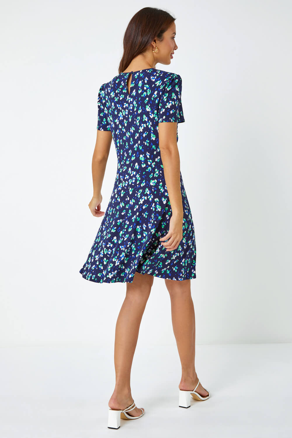 Navy  Panelled Ditsy Floral Print Dress, Image 3 of 5