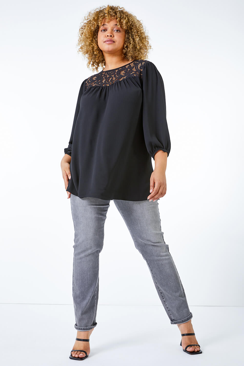 Curve Lace Panel Stretch Top in Black - Roman Originals UK