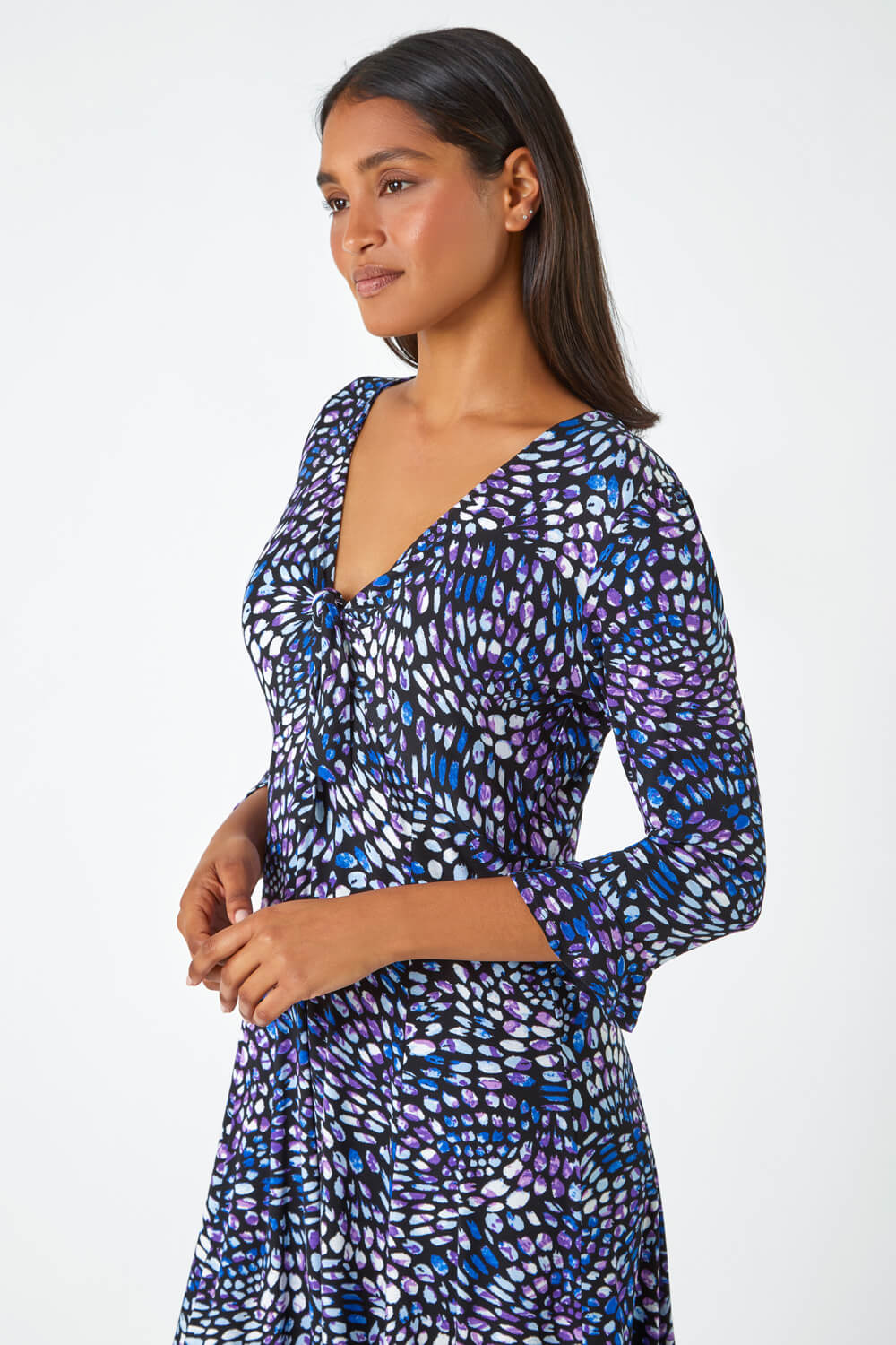 Purple Mosaic Print Frill Hem Stretch Dress, Image 4 of 5