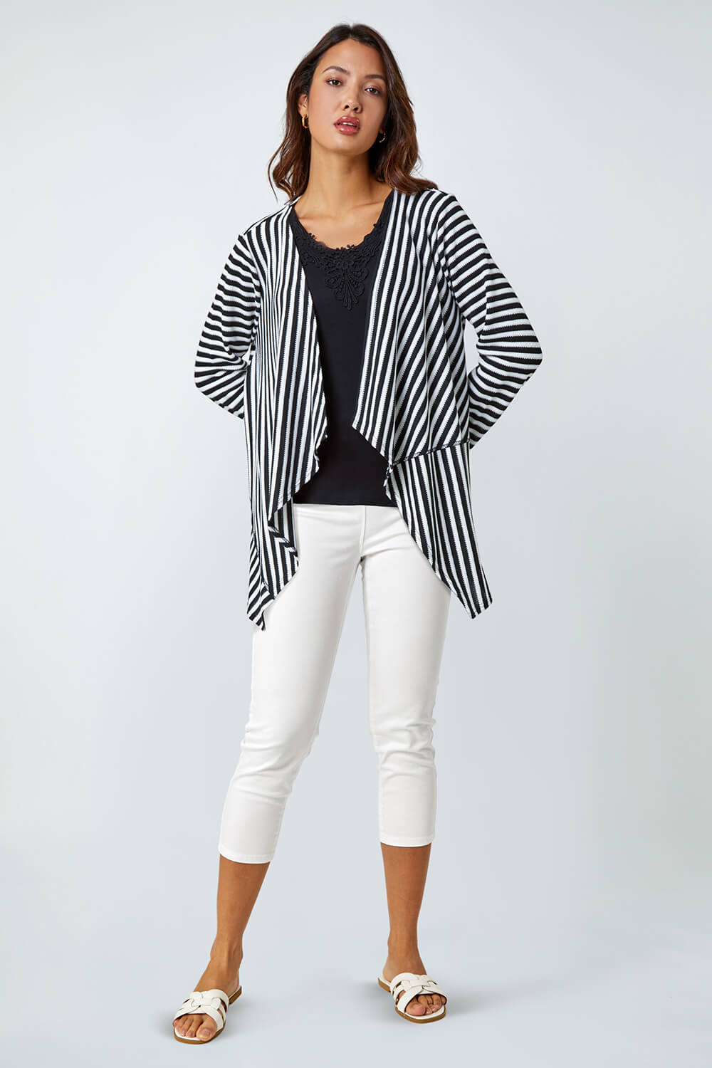 Black Stripe Cardigan & Lace Vest Stretch Top, Image 2 of 5