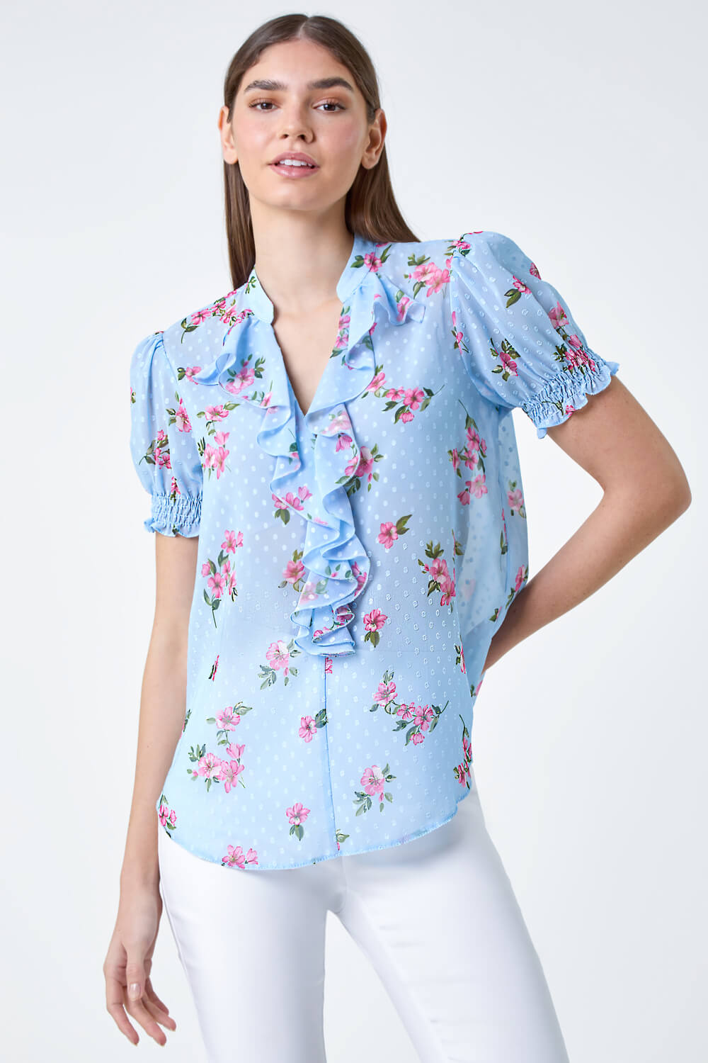Blue Textured Spot Floral Print Frill Top, Image 2 of 5