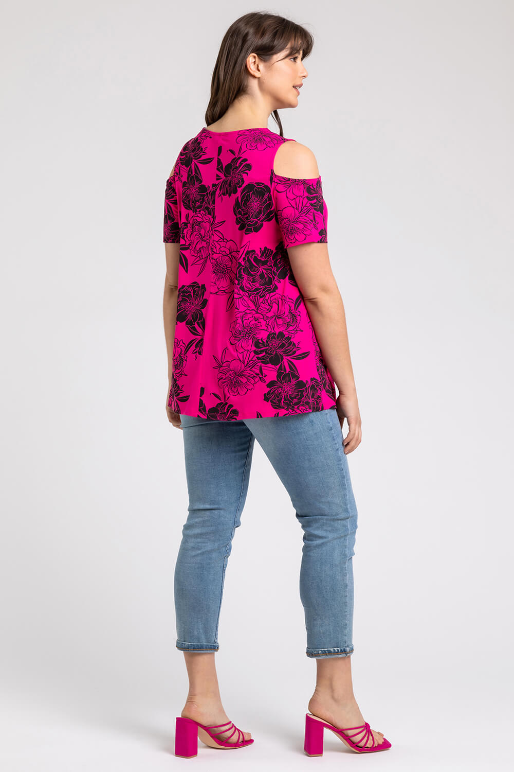 Fuchsia Curve Floral Print Cold Shoulder Jersey Top, Image 2 of 4