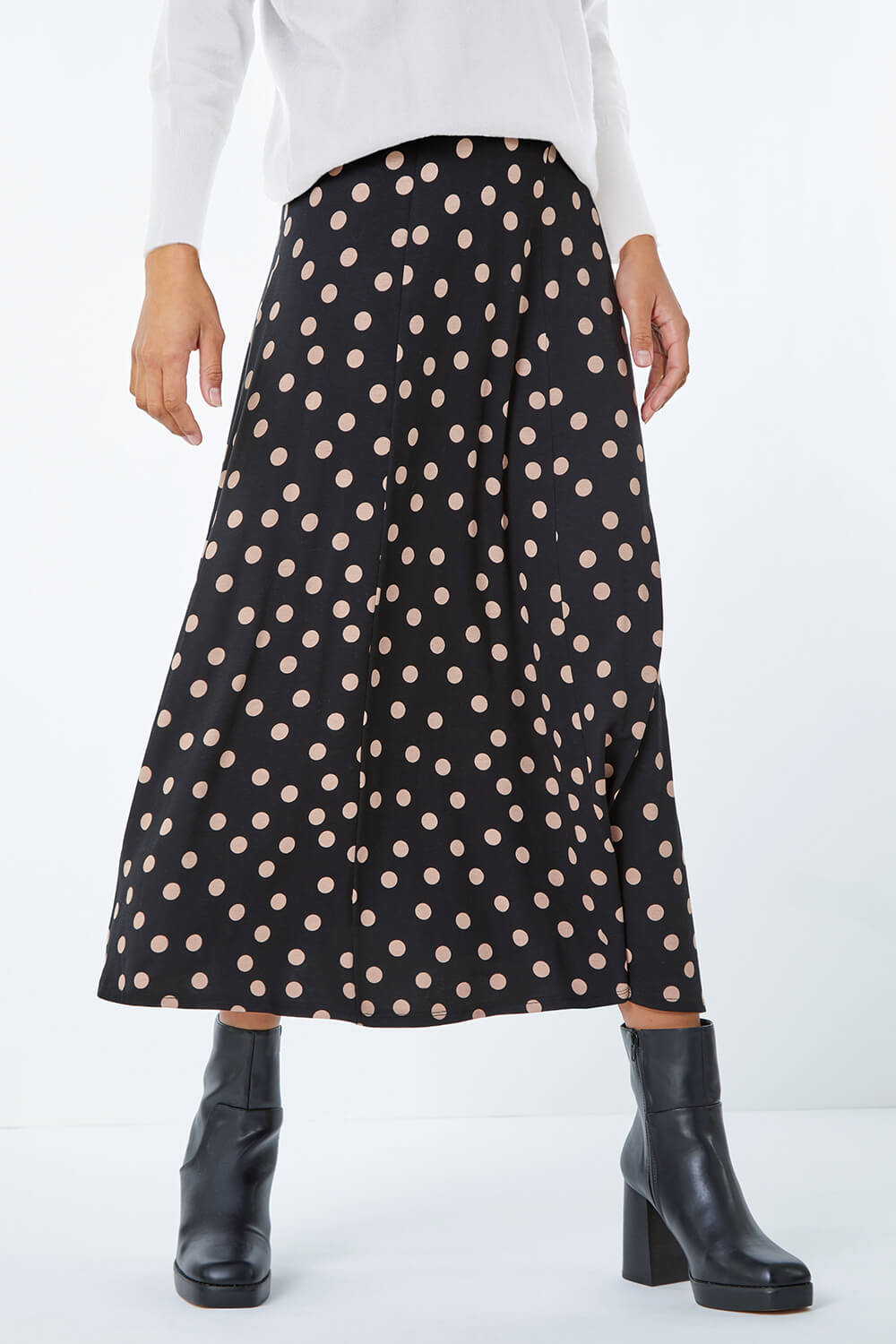 Stretch Midi Polka Dot Skirt in Black - Roman Originals UK