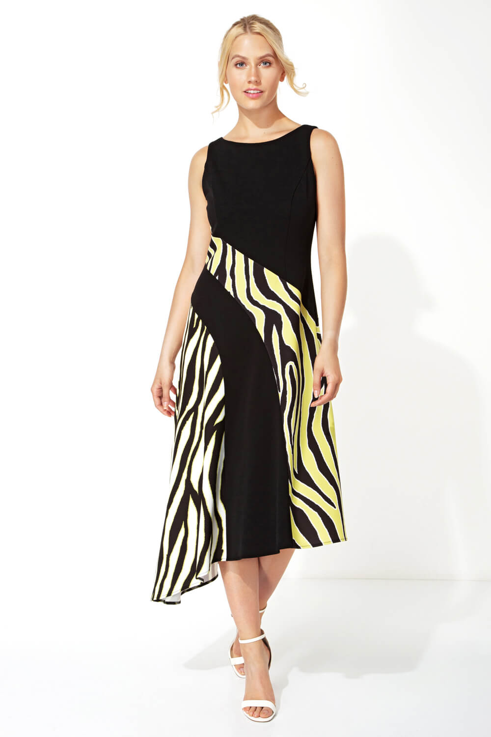 Zebra Print Block Asymmetric Dress in Black - Roman Originals UK