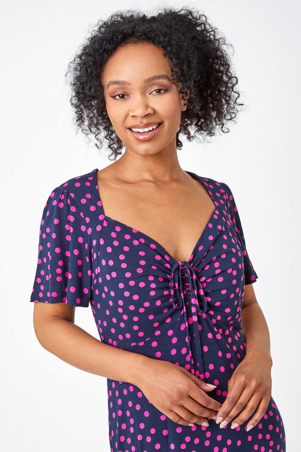 Navy  Petite Polka Dot Ruched Stretch Dress, Image 4 of 5