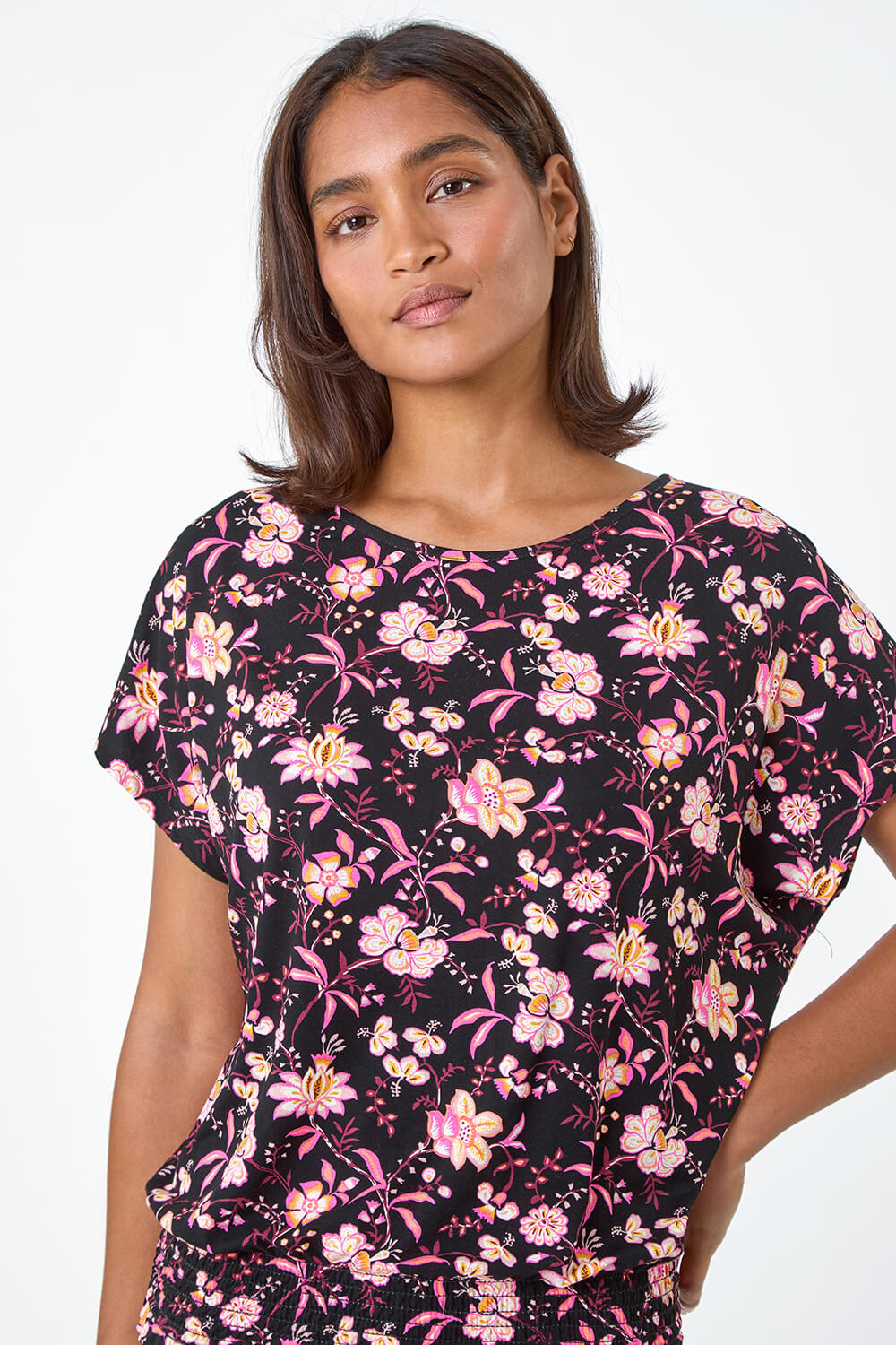 PINK Floral Shirred Stretch Waist T-Shirt, Image 4 of 5