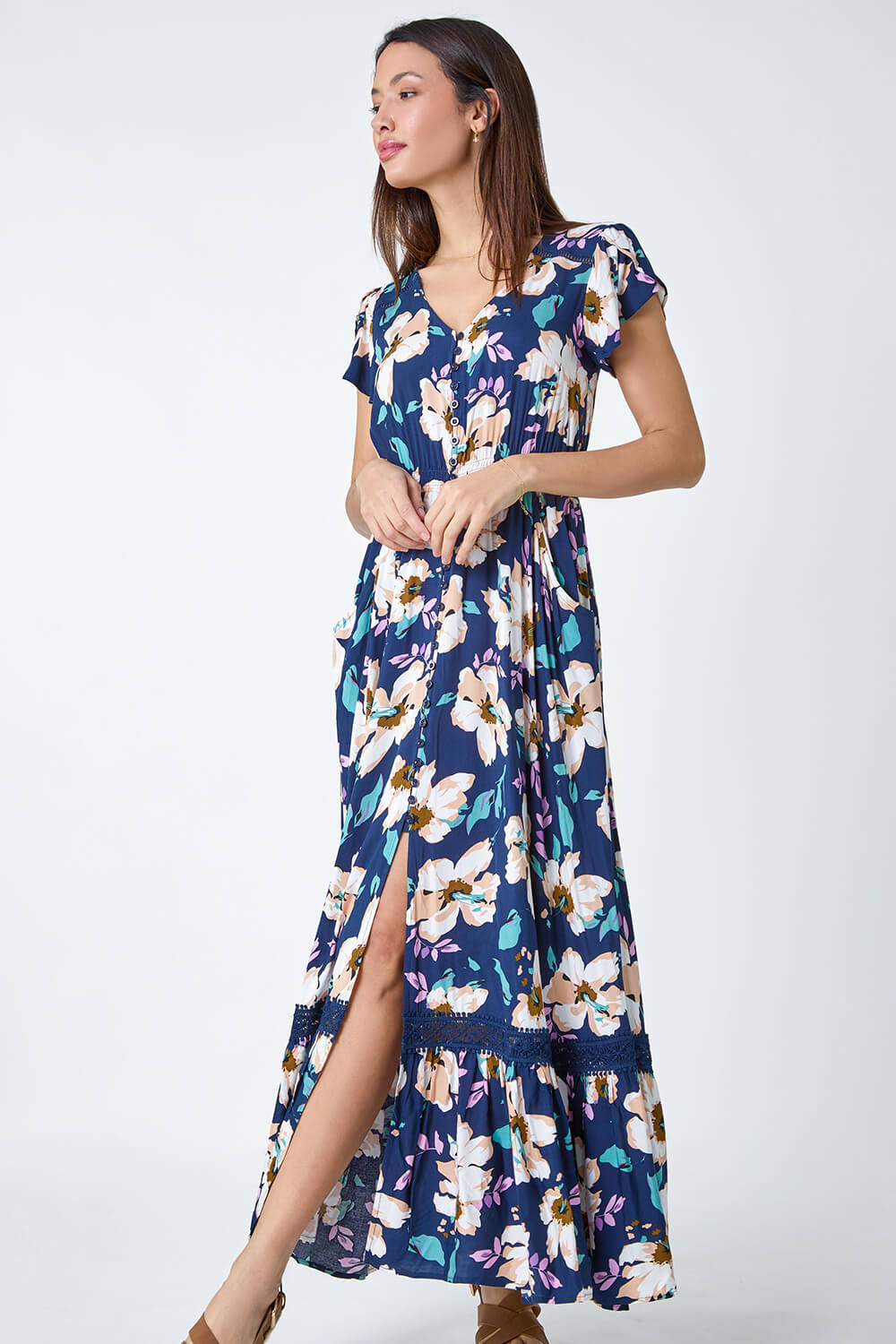 Navy Floral Print Shirred Waist Maxi Dress | Roman UK