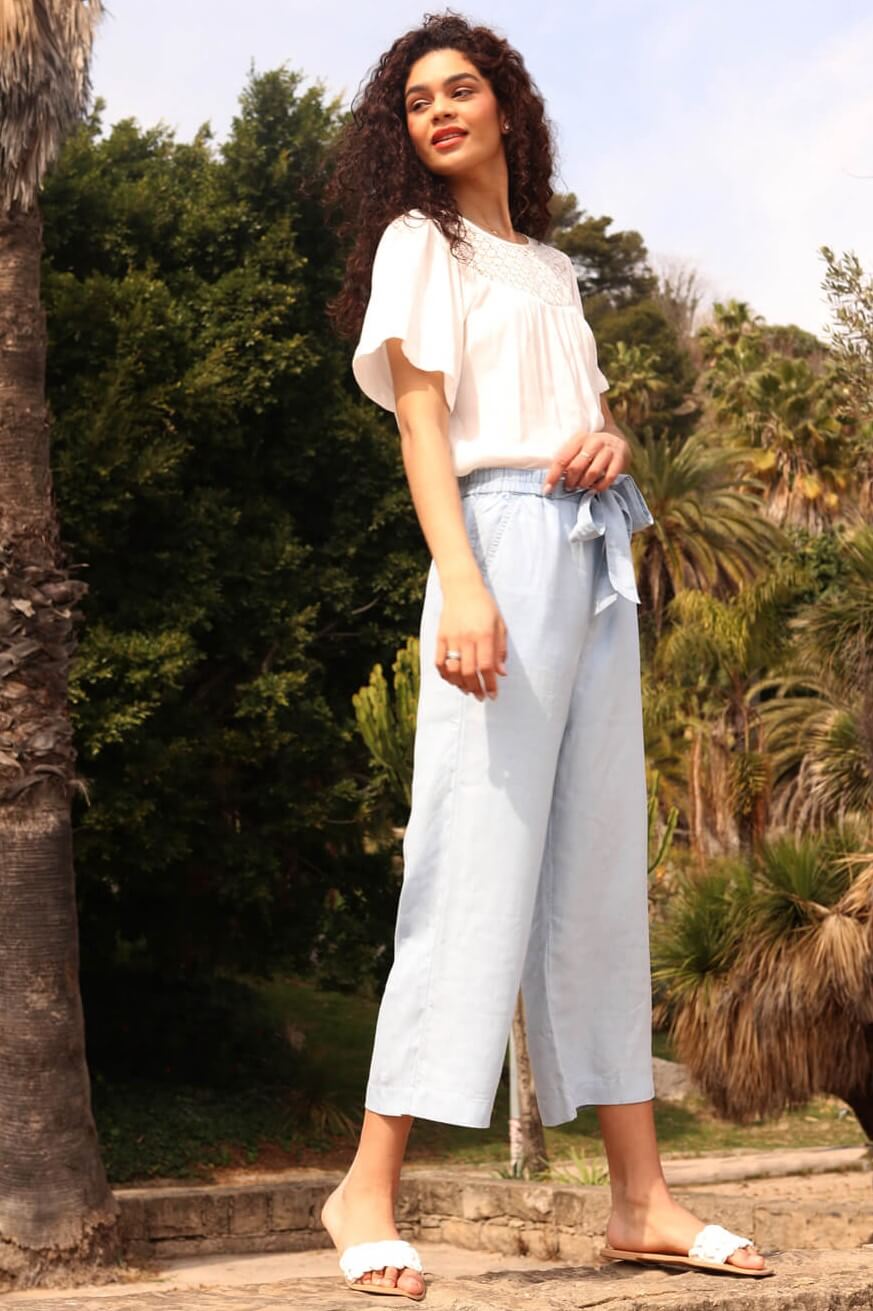Light Blue  Tie Detail Stretch Waist Culottes, Image 5 of 5
