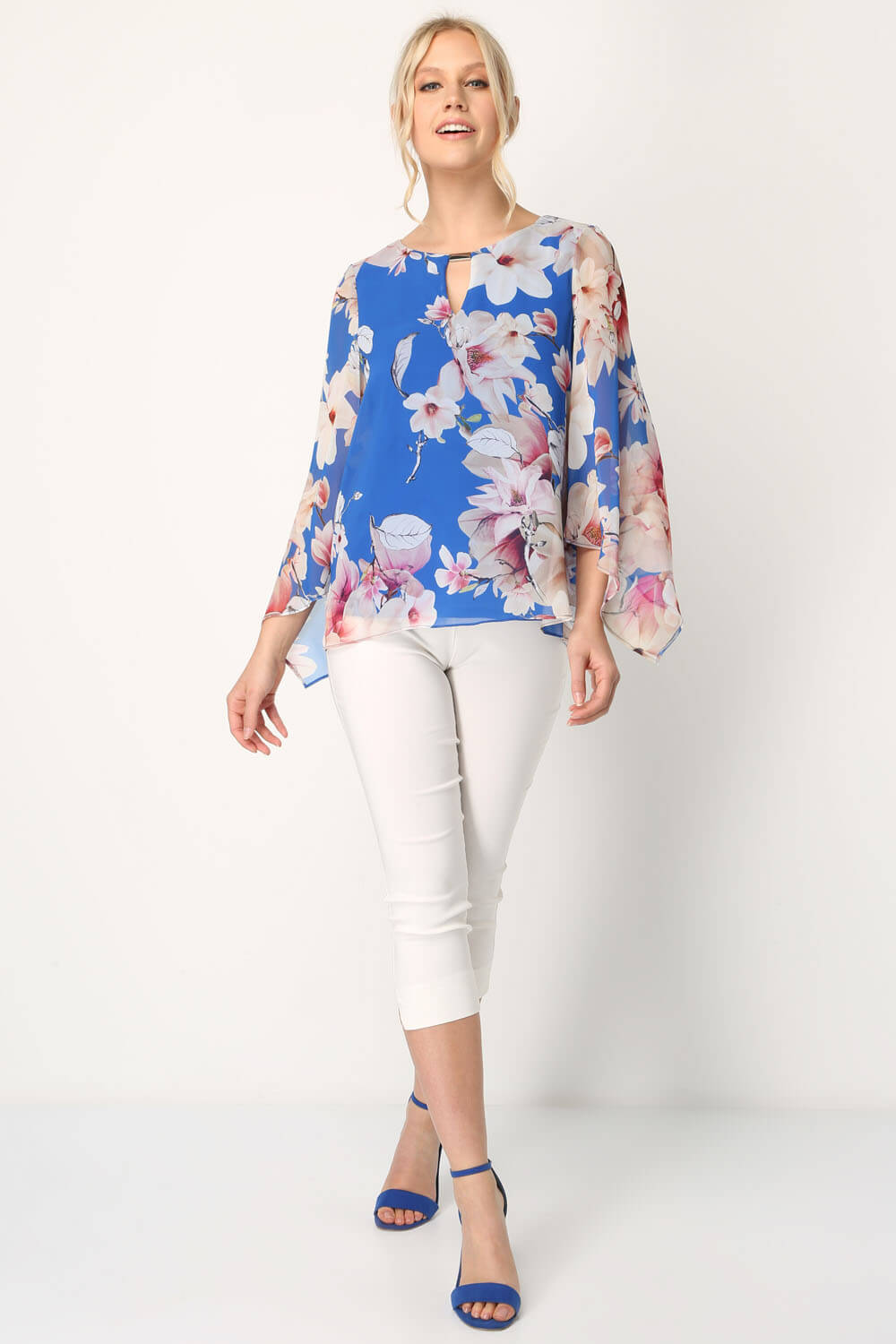 Royal Blue Floral Chiffon Overlay Top, Image 2 of 8