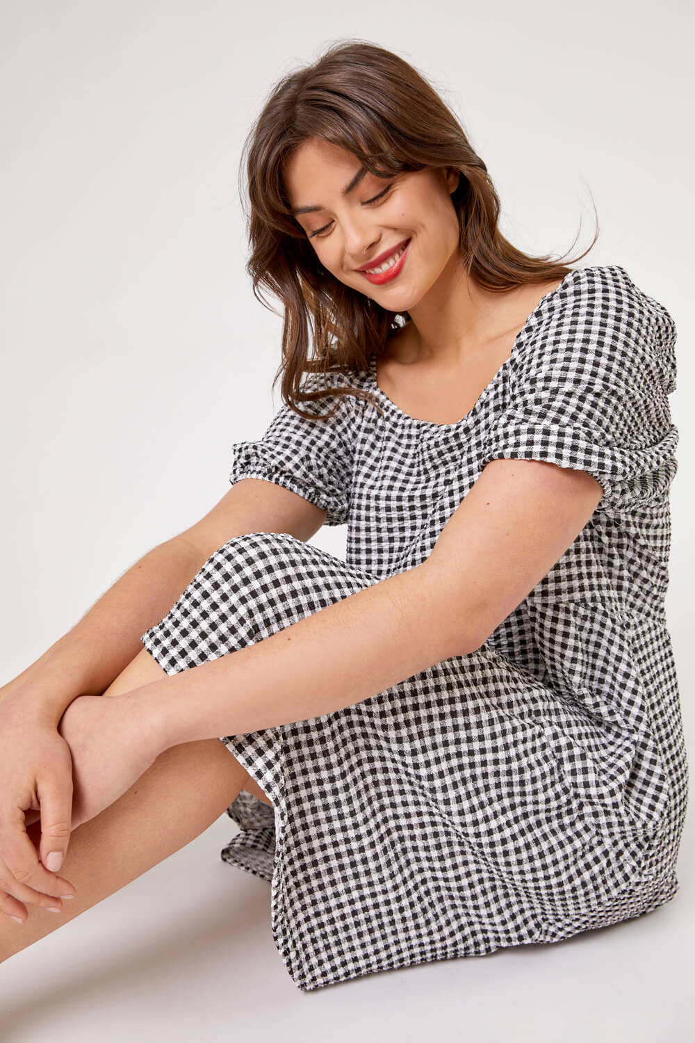 Black Curve Gingham Print Tiered Dress, Image 5 of 5