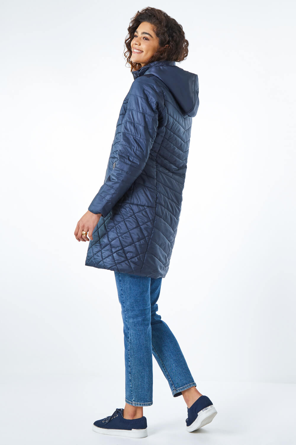Navy  Longline Quilted Coat with Hood, Image 2 of 6