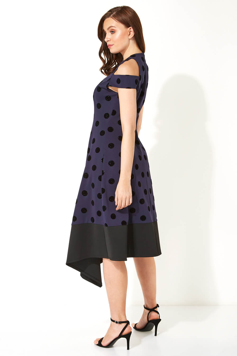 Navy  Spot Flocked Fit and Flare Dress, Image 2 of 4