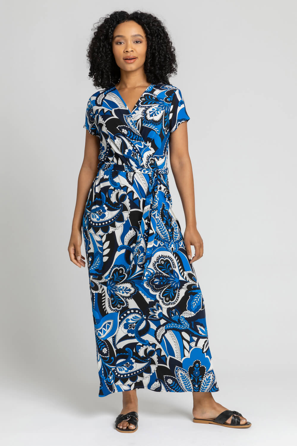 Petite Paisley Print Tie Waist Maxi Dress in Blue - Roman Originals UK