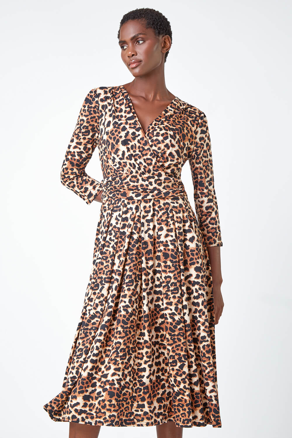 Camel  Leopard Print Mock Wrap Midi Stretch Dress, Image 2 of 5