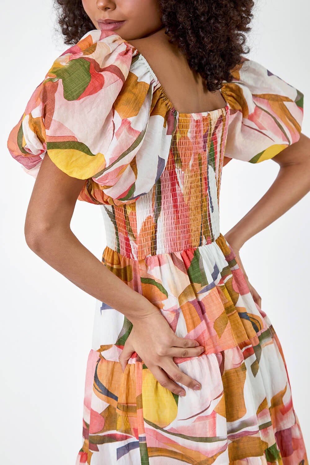 ORANGE Abstract Tiered Puff Sleeve Midi Dress, Image 6 of 6