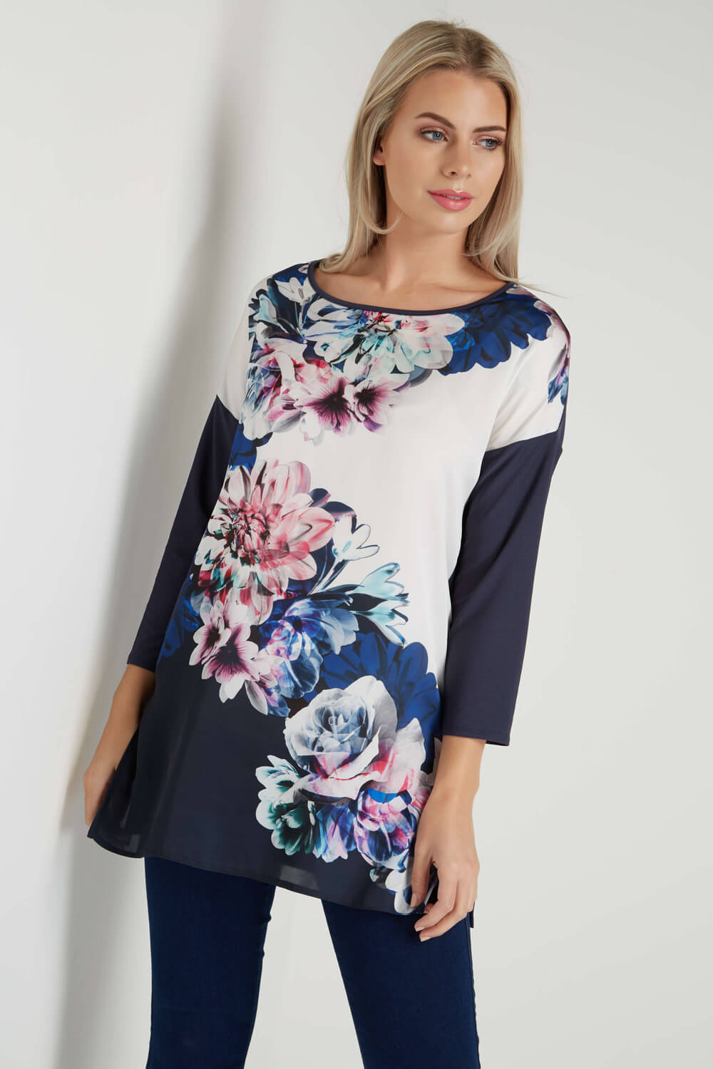 Floral Satin Front Tunic Top in Navy - Roman Originals UK