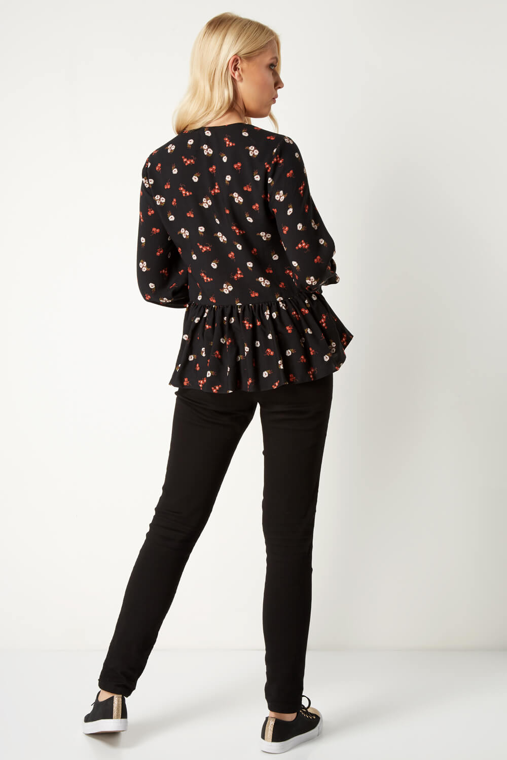 Red Floral Button Front Peplum Top, Image 2 of 4