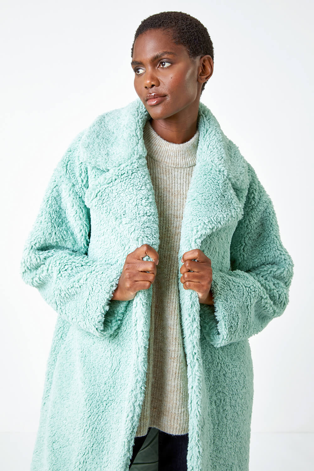 Mint Longline Faux Fur Teddy Borg Coat, Image 4 of 5