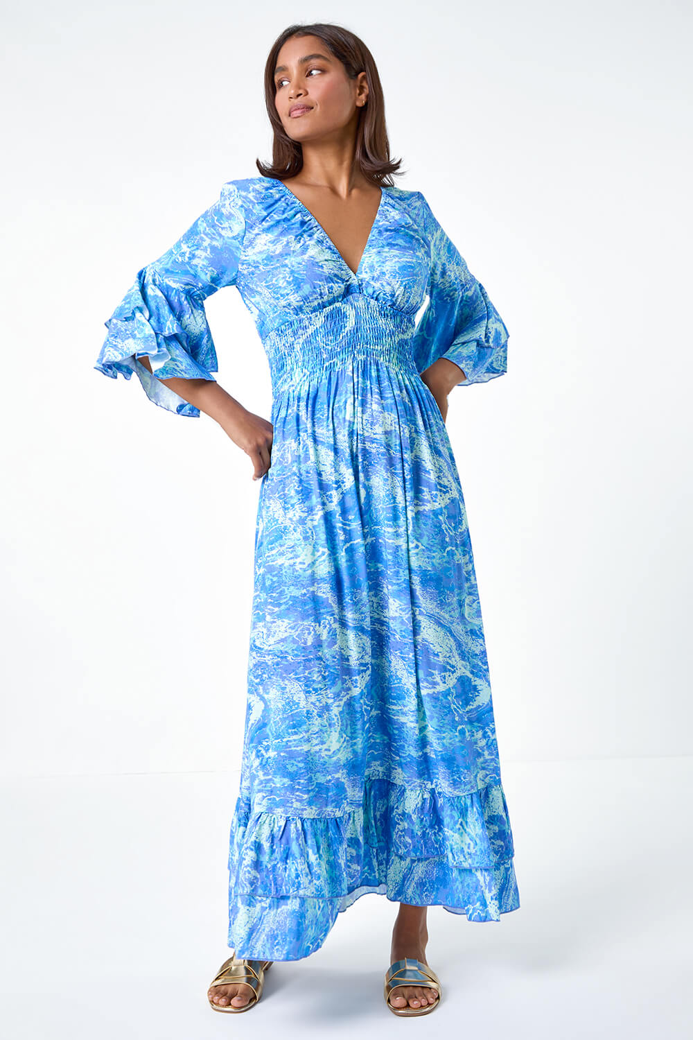 Blue Abstract Ruffle Detail Shirred Maxi Dress, Image 4 of 5