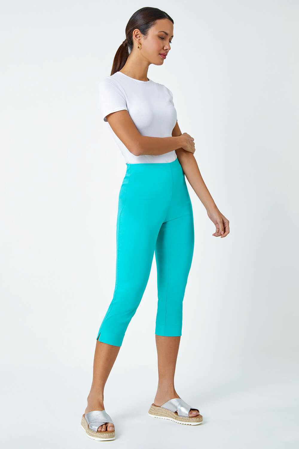 Teal Cropped Stretch Trouser, Image 2 of 5