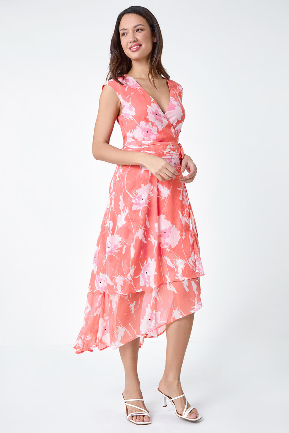 CORAL Embellished Floral Print Tiered Midi Dress, Image 2 of 5