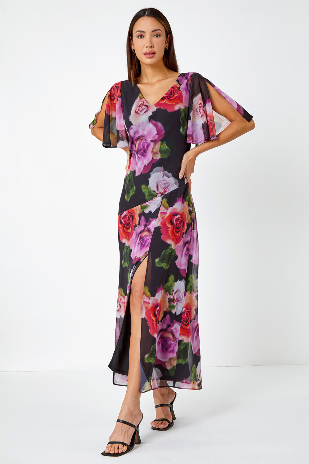 Black Floral Print Tie Back Maxi Dress, Image 2 of 5