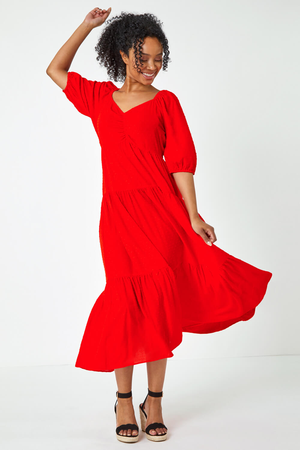 Red Petite Textured Spot Tiered Midi Dress, Image 2 of 5