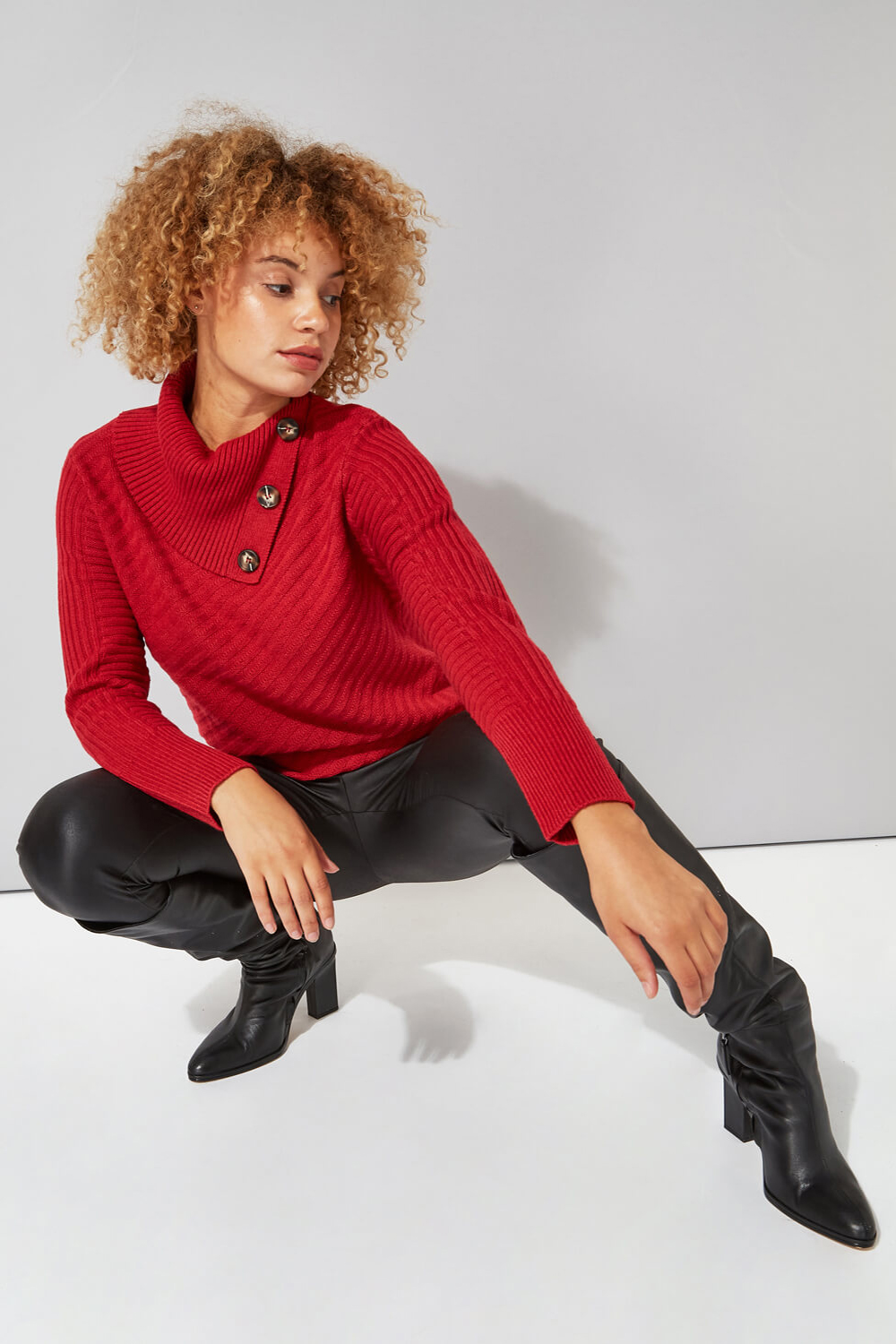 Red Textured Knit Button Detail Jumper, Image 4 of 4