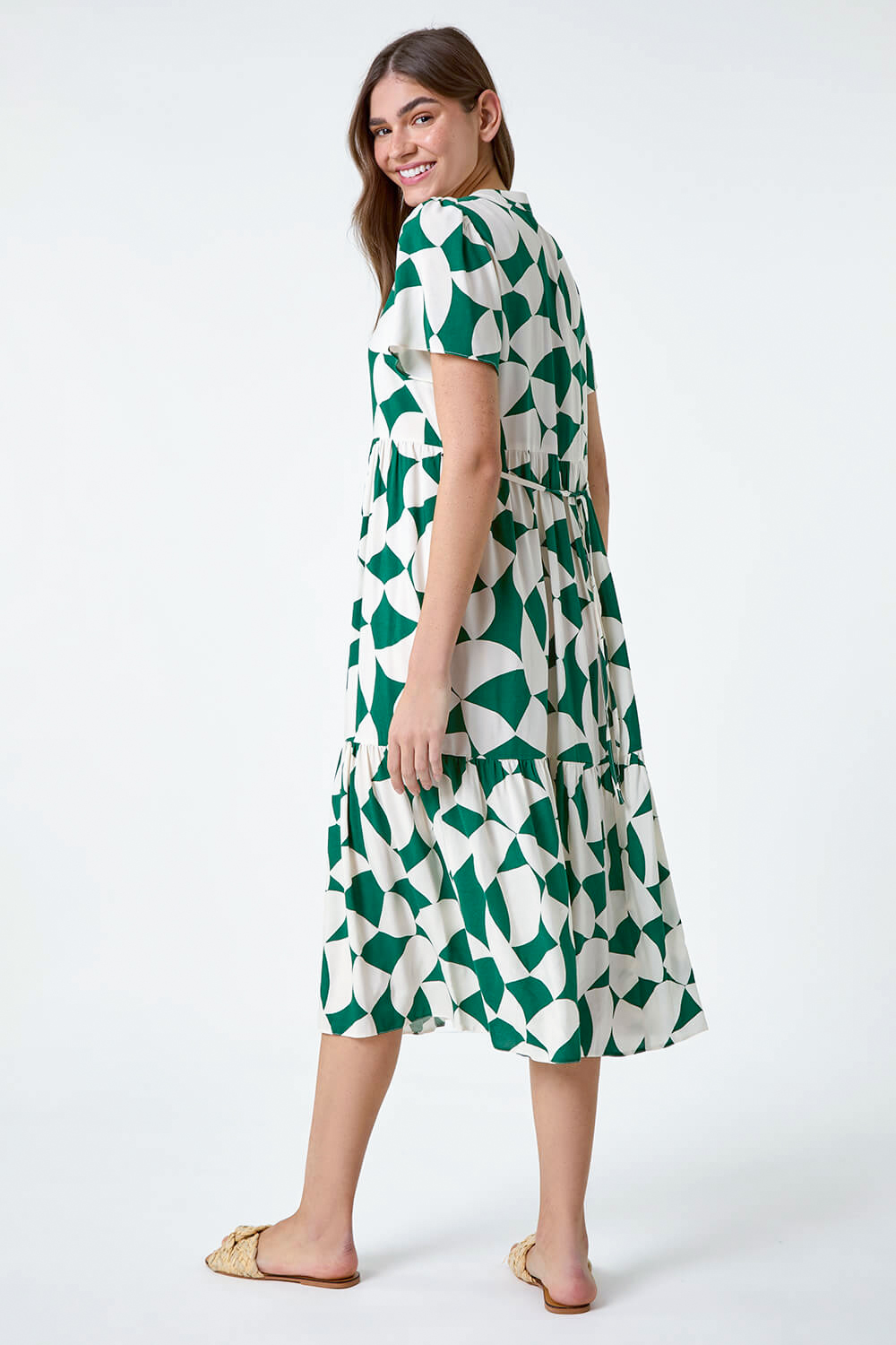 Green Geometric Print Tiered Midi Dress, Image 3 of 5