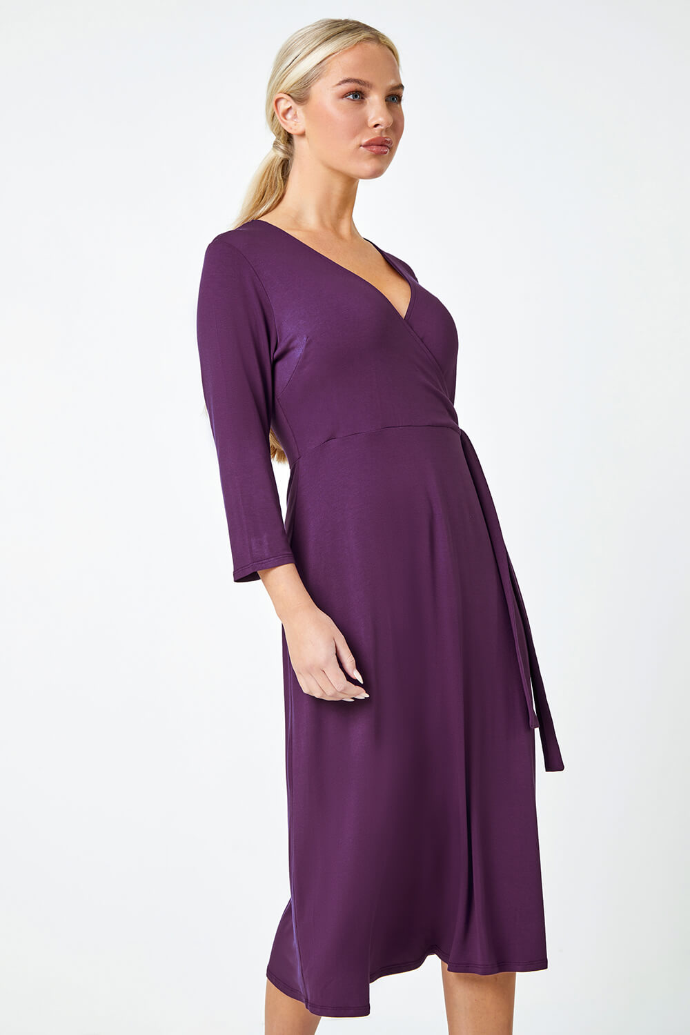Purple Petite Plain Stretch Wrap Midi Dress, Image 2 of 5