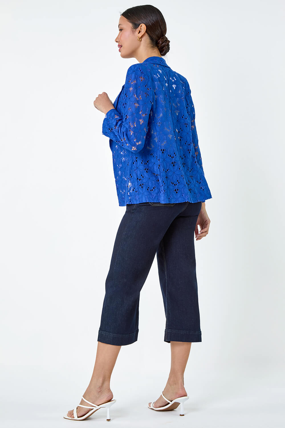 Royal Blue Cotton Blend Floral Lace Jacket, Image 3 of 6