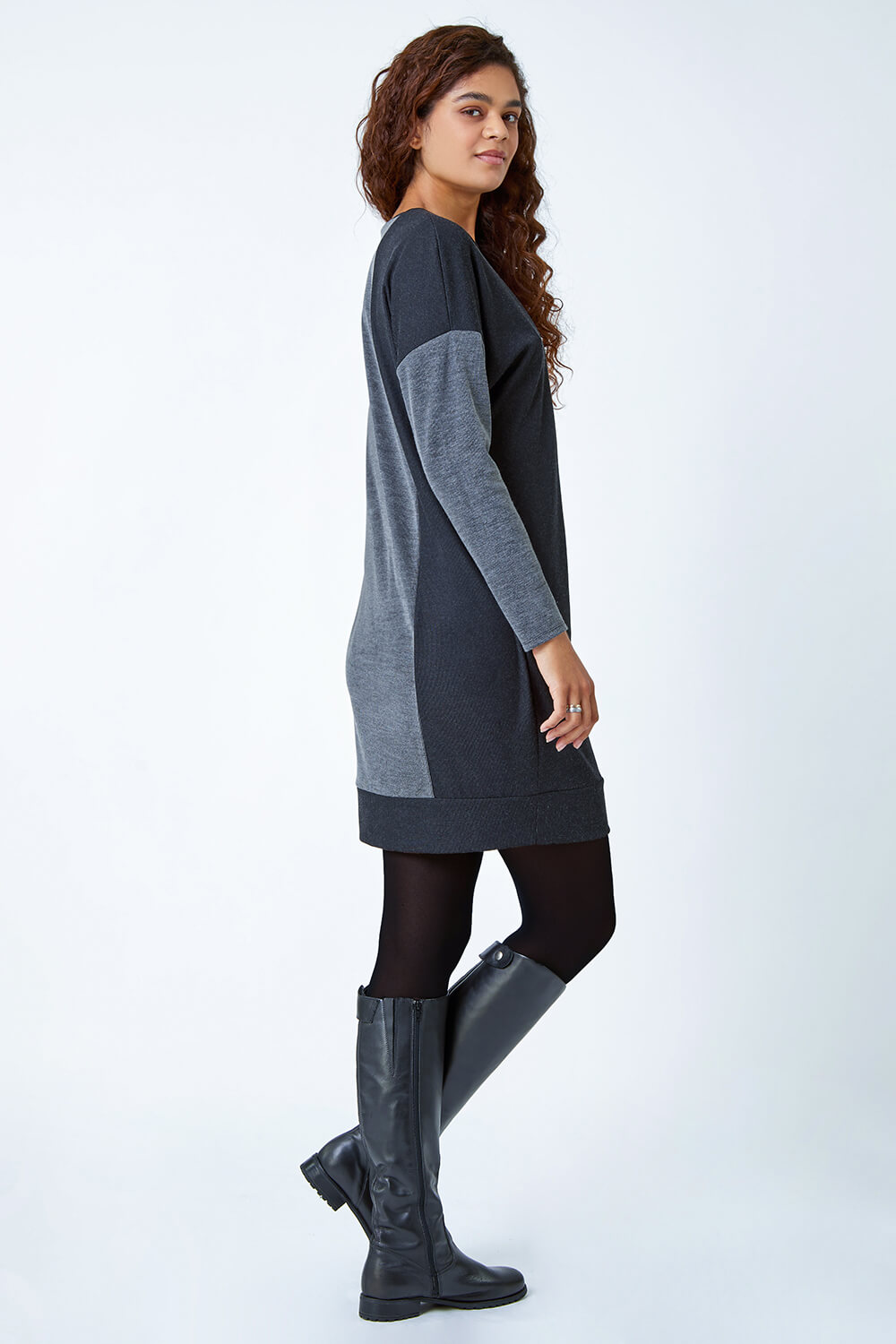 Grey Colour Block Stretch Jumper Dress, Image 3 of 5