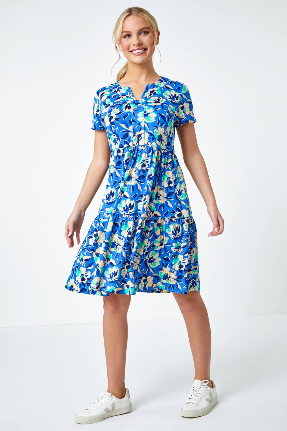 Turquoise Petite Tiered Floral Stretch T-Shirt Dress, Image 2 of 5