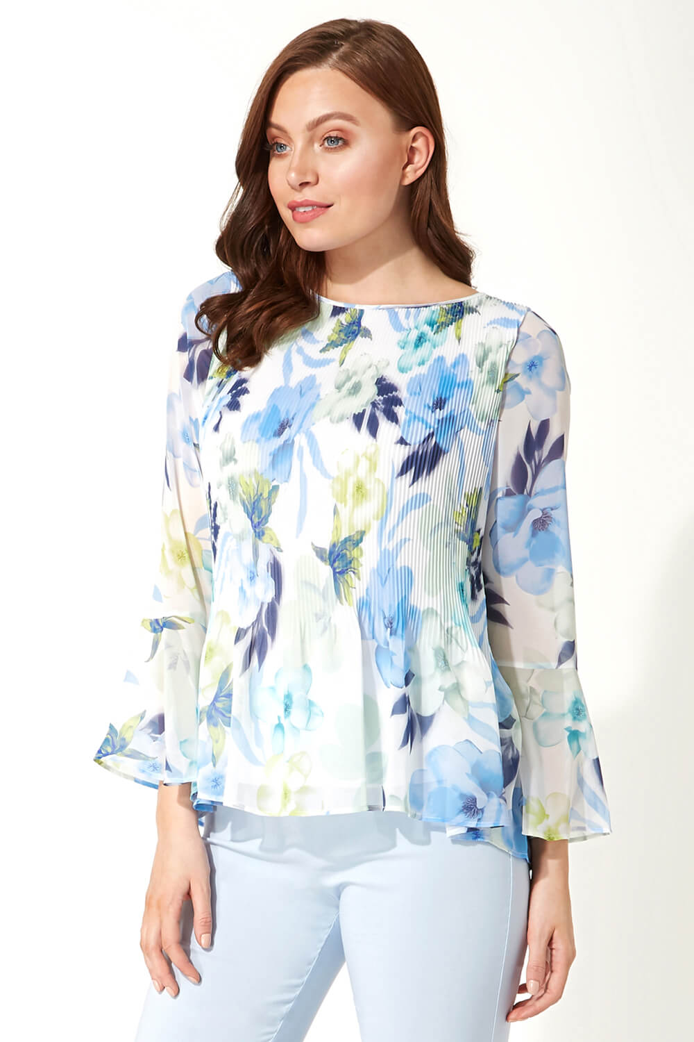 Floral Fluted Sleeve Pleated Top in Light Blue - Roman Originals UK