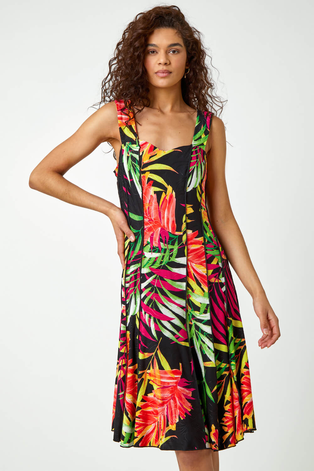 Black Tropical Print Panel Dress, Image 2 of 6