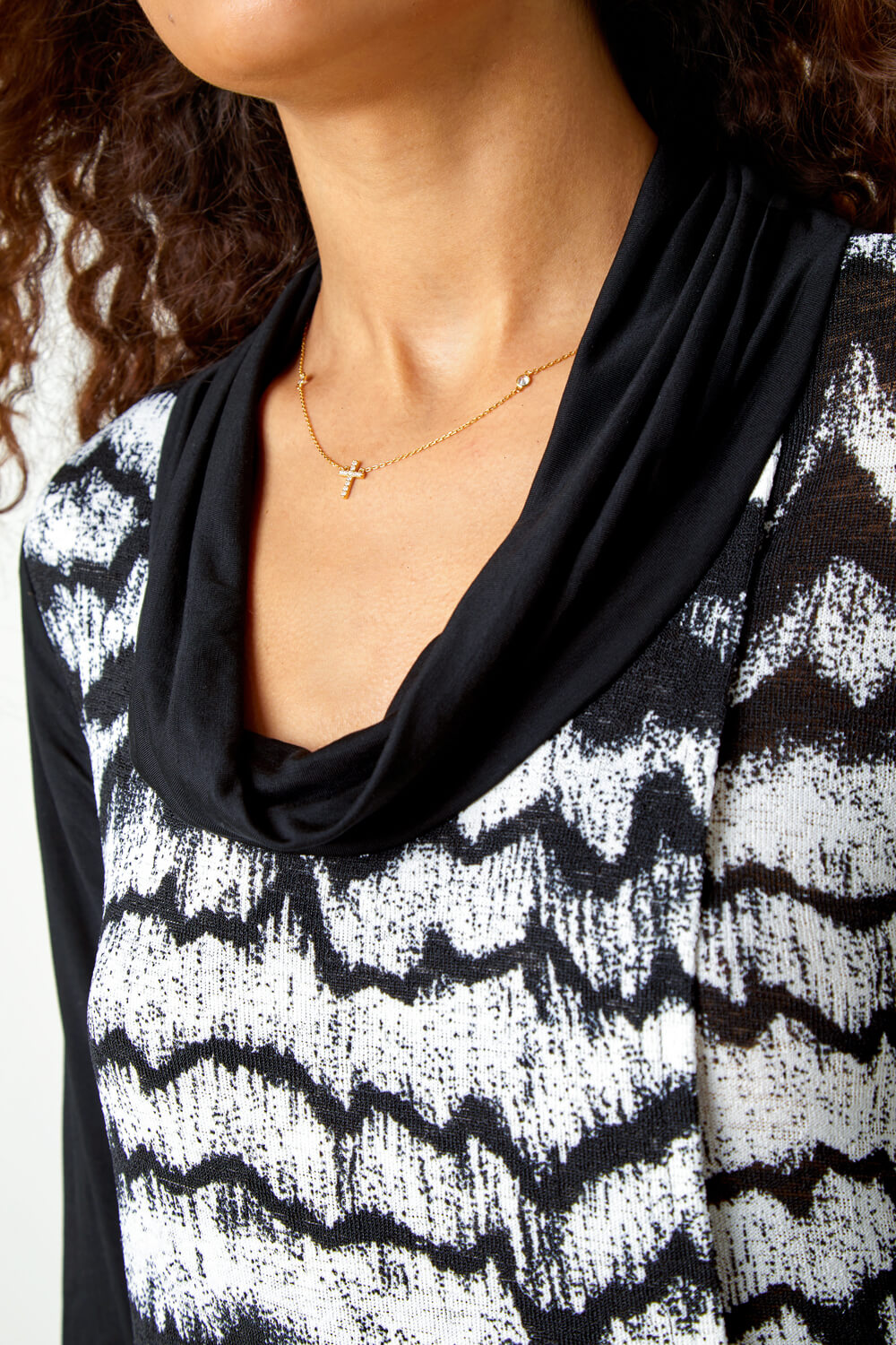 Black Abstract Print Cowl Neck Stretch Top, Image 5 of 5