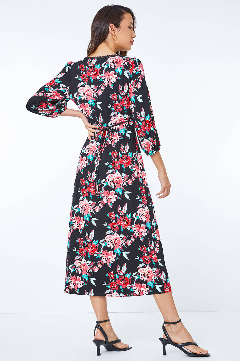 Black Sweetheart Lace Floral Printed Midi Dress , Image 3 of 5
