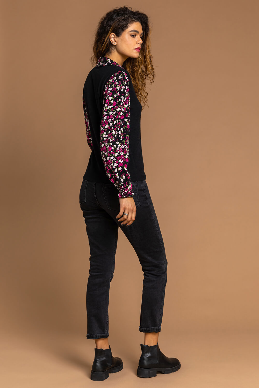 Black Floral Print Sweater Vest Long Sleeve Top, Image 2 of 5