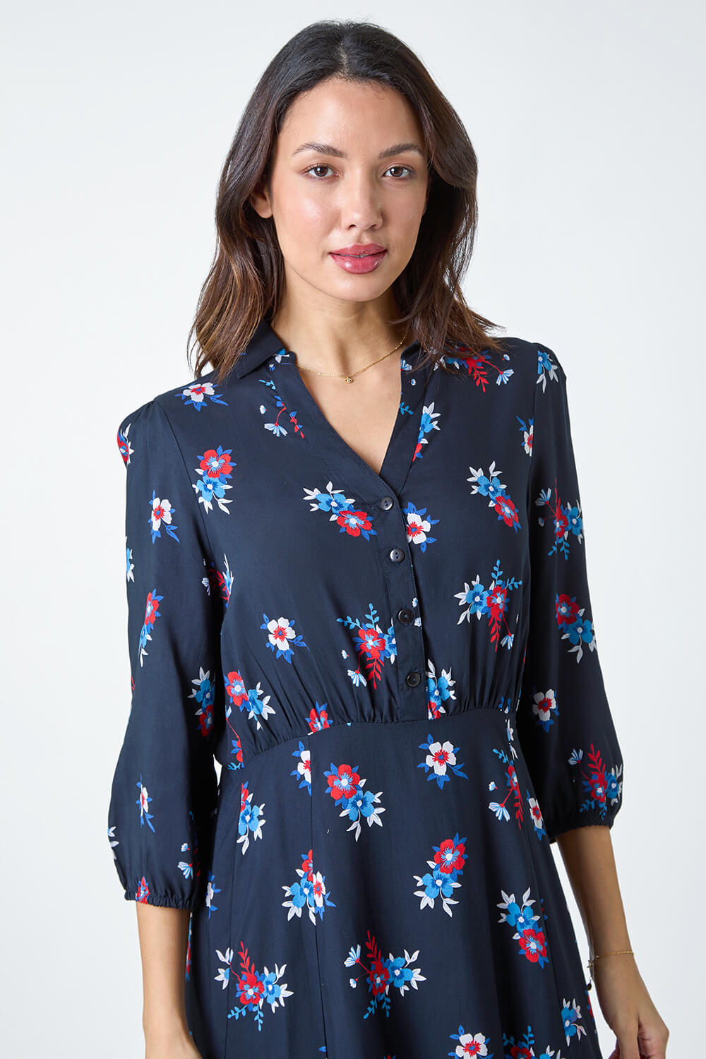 Navy  Floral Print Shirt Dress , Image 4 of 5