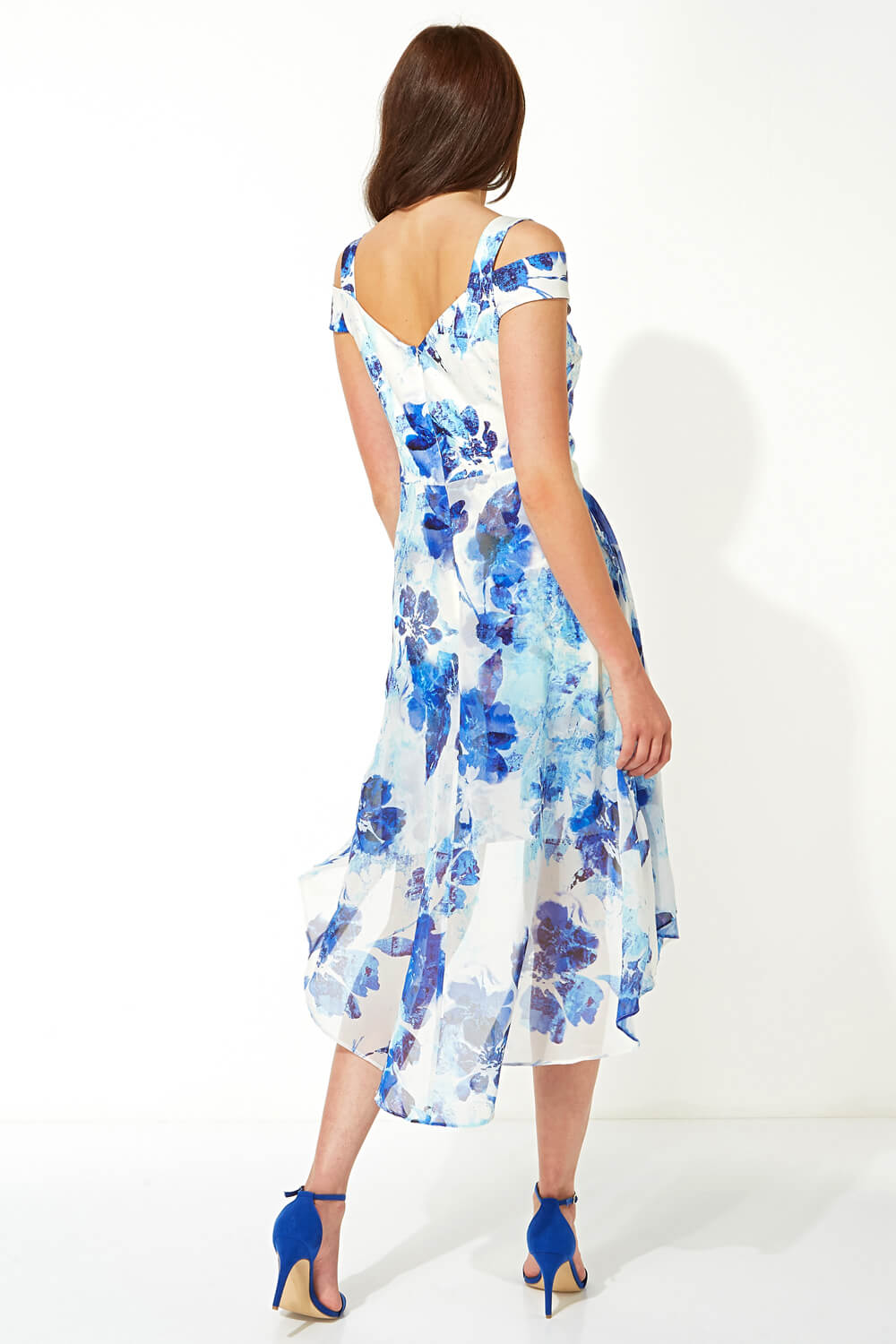 Blue Floral Dipped Hem Midi Dress, Image 2 of 4