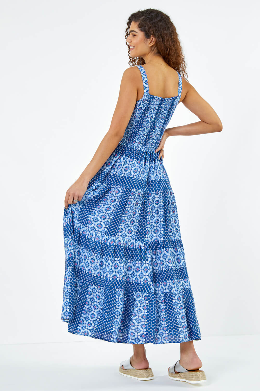 Blue Printed Shirred Bodice Maxi Dress, Image 3 of 5