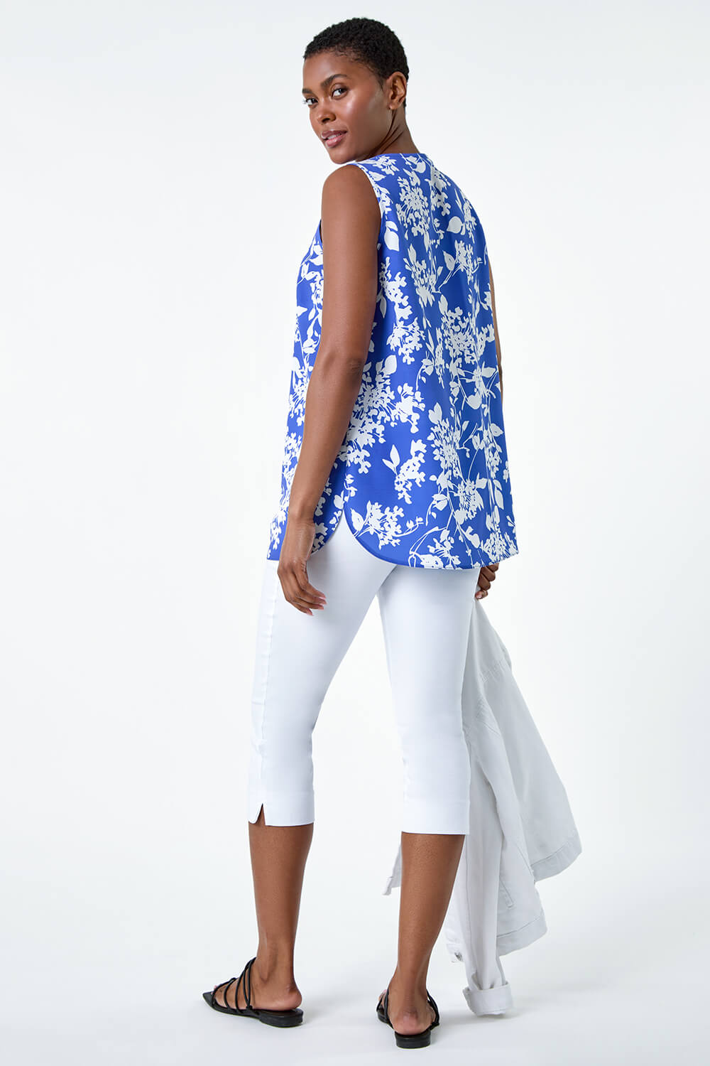 Blue Ditsy Floral Sleeveless Pleat Vest Top, Image 3 of 5